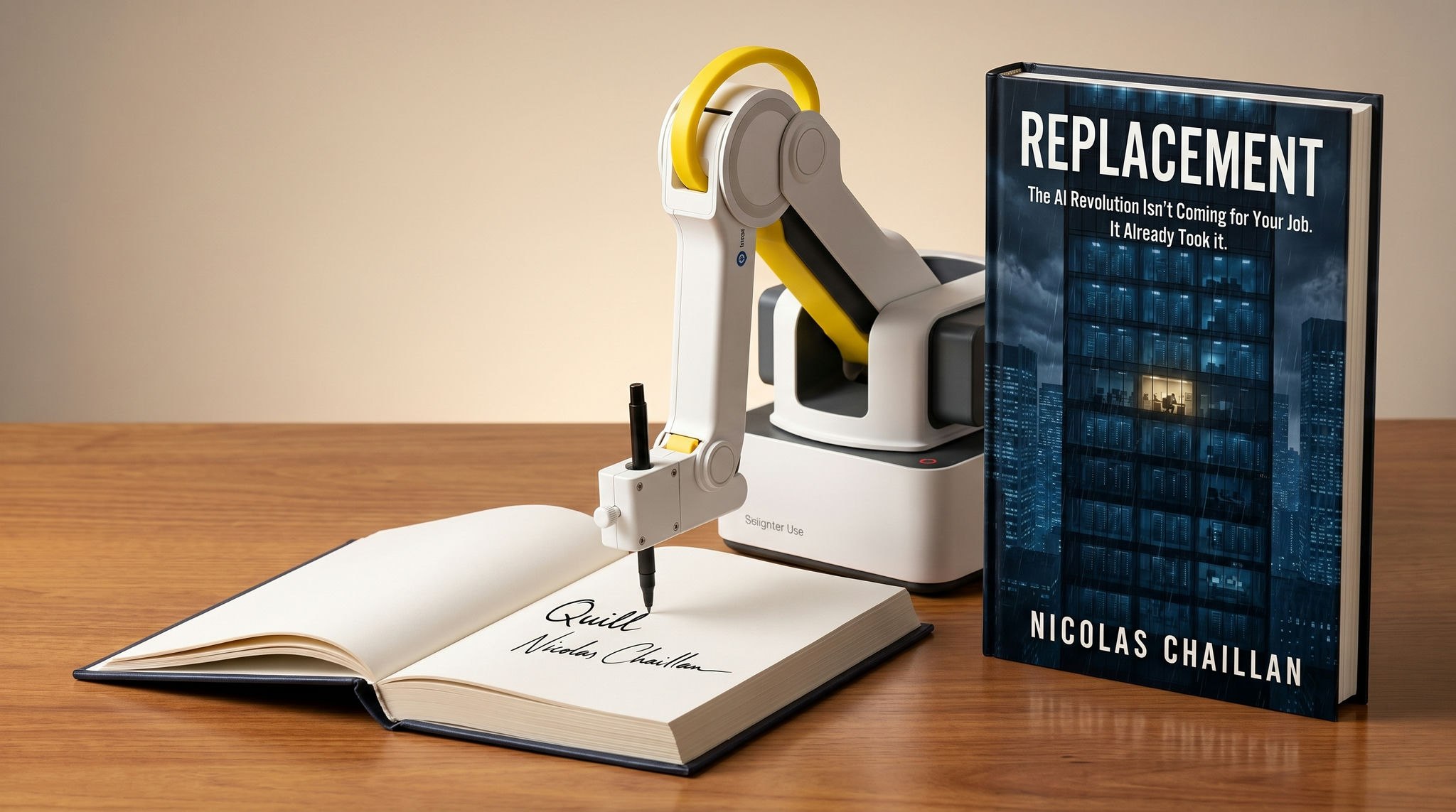 Quill's white-and-yellow desktop robot arm inking a page beside the signed REPLACEMENT hardcover by Nicolas Chaillan